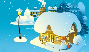 冬天大雪中小木屋卡通插画墙纸